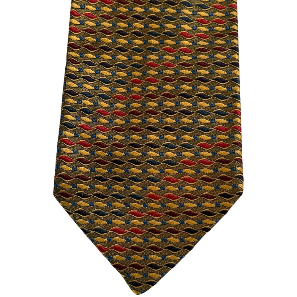Stefano Milano Silk Tie Gold Red Blue Geometric Mens OS Handmade Italy Luxury